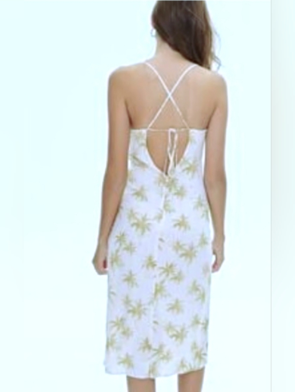 Midi Slip Dress Off White & Green Palm Print Cowl Front Stappy Keyhole Back - Picture 3 of 8